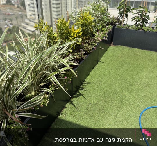 צמחים ופרחים במרפסת עם דשא סינתטי